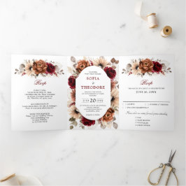 Anuncio Tríptico Boda geométrica floral de color burgundy terracota