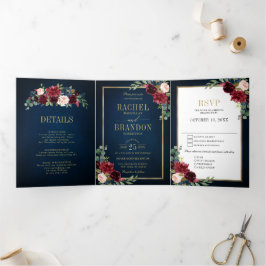 Anuncio Tríptico Boda Geométrico Navy Blue Rubor Burgundy Gold