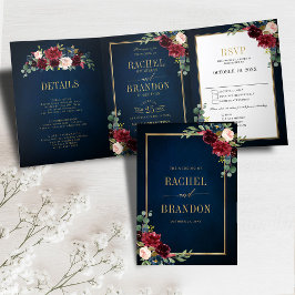 Anuncio Tríptico Boda geométrico Navy Blue Rubor Burgundy Gold Tr