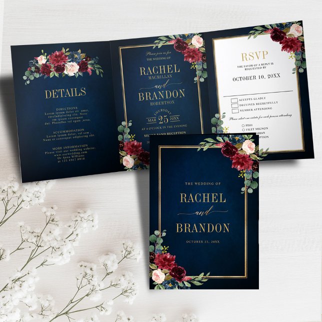 Anuncio Tríptico Boda geométrico Navy Blue Rubor Burgundy Gold Tr (Navy Blue Blush Burgundy Gold Geometric Wedding photo Tri-Fold Announcement)