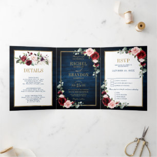 Anuncio Tríptico Boda geométrico Navy Blue Rubor Burgundy Gold Tr