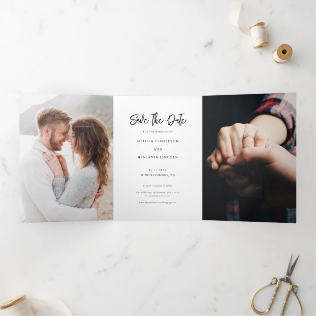Anuncio Tríptico Boda manuscrita fotográfica Salva la fecha (Interior)