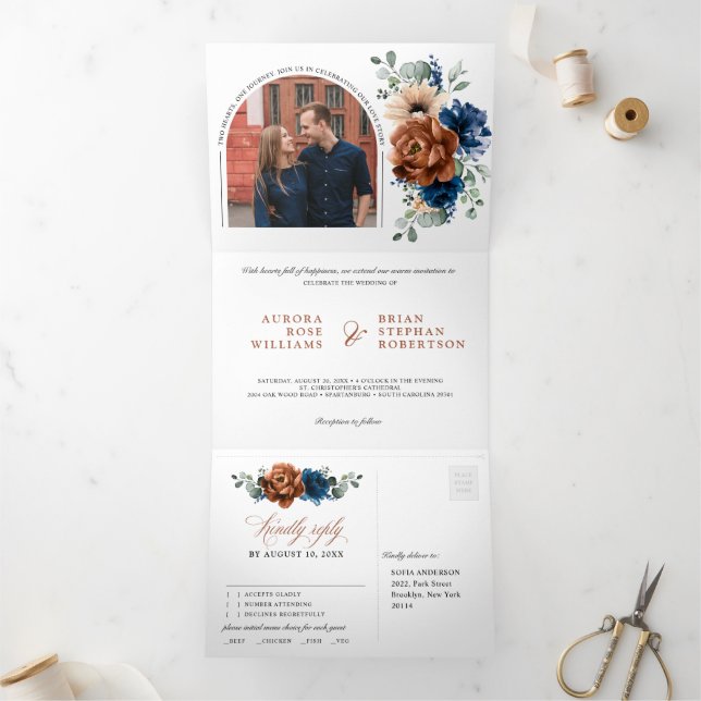 Anuncio Tríptico Boda Rústico De La Marina Terracota Azul Pampas (Interior)