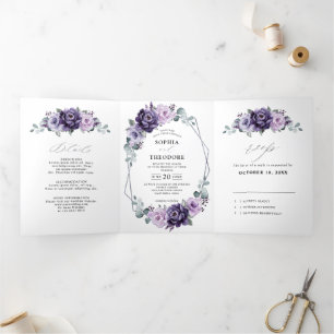 Anuncio Tríptico Bodas florales geométricas de ciruela púrpura plat