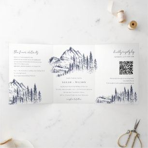 Anuncio Tríptico Bosque de Pino Naval Boceto de Montaña Código QR d