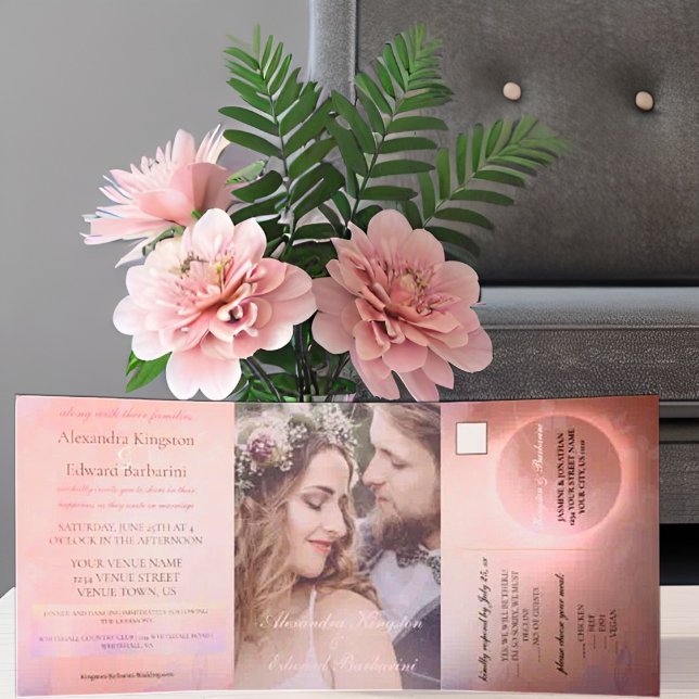 Anuncio Tríptico Caligrafía Rosa Elegante Foto Personalizada Boda (Subido por el creador)