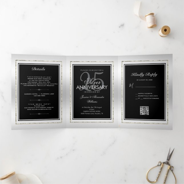 Anuncio Tríptico Código QR de 25 años Boda Silver y Black (Interior)