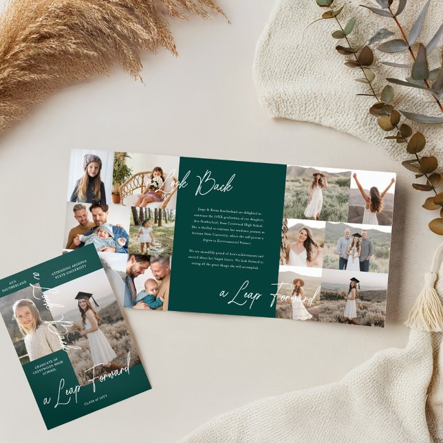 Anuncio Tríptico Collage de fotos de Graduación Entonces Y Ahora (Graduation Party Then & Now Grad Photo Collage Tri-Fold Announcement (Inside & Cover))