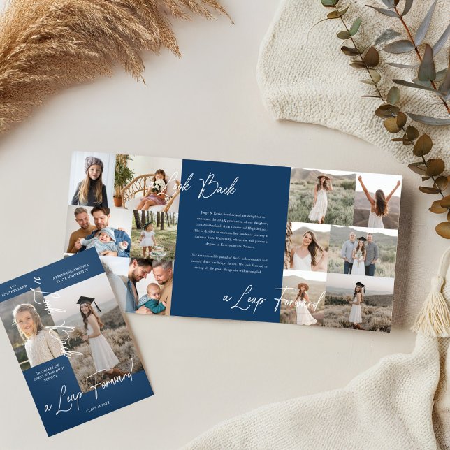 Anuncio Tríptico Collage de fotos de Graduación Entonces Y Ahora (Graduation Party Then & Now Grad Photo Collage Tri-Fold Announcement (Inside & Cover))