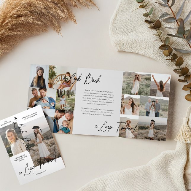 Anuncio Tríptico Collage de fotos de Graduación Entonces Y Ahora (Graduation Party Then & Now Grad Photo Collage Tri-Fold Announcement (Inside & Cover))