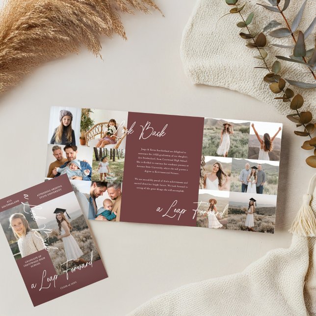 Anuncio Tríptico Collage de fotos de Graduación Entonces Y Ahora (Graduation Party Then & Now Grad Photo Collage Tri-Fold Announcement (Inside & Cover))