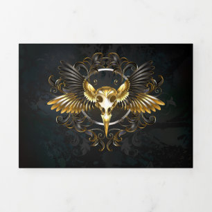 Anuncio Tríptico Cráneo de pájaro dorado sobre fondo negro