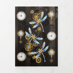 Anuncio Tríptico Dragoniscos de Steampunk sobre fondo rayado marrón