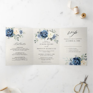 Anuncio Tríptico Dusty Blue Navy Champagne Floral de marfil Tri-Fol