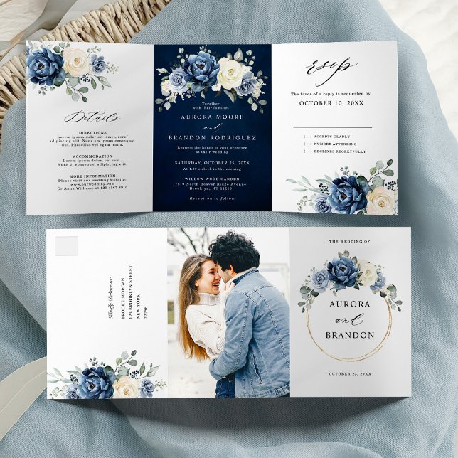 Anuncio Tríptico Dusty Blue Navy Champagne Floral de marfil Tri-Fol (Dusty Blue Navy Champagne Ivory Floral Tri-Fold wedding invitation | Announcement )