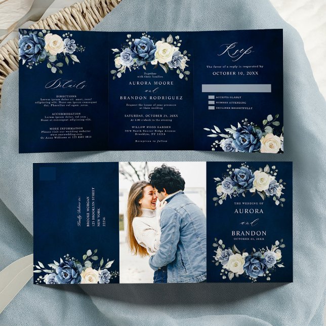 Anuncio Tríptico Dusty Blue Navy Champagne Marfil Floral  Tri-Plega (Dusty Blue Navy Champagne Ivory Floral Tri-Fold all in one wedding invitation | announcement)