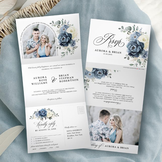 Anuncio Tríptico Dusty Marina Azul Champagne Boda de marfil (Dusty Blue Navy Champagne Ivory Floral Wedding Tri-Fold Announcement)