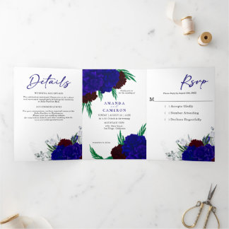 Anuncio Tríptico Elegant Burgundy Red Navy Blue "MARIGOLD" Wedding