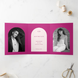 Anuncio Tríptico Foto de arco rosa caliente para boda Save the Date