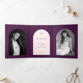 Anuncio Tríptico Foto de boda de arco púrpura Save the Date
