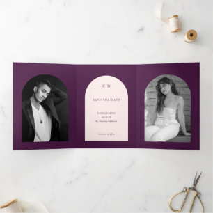 Anuncio Tríptico Foto de boda de arco púrpura Save the Date