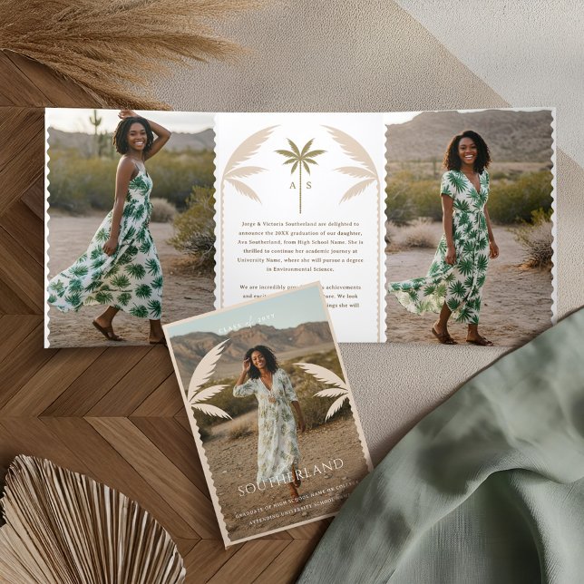 Anuncio Tríptico Foto de graduación de Palm Tree Tropical Boho Retr (Boho Retro Tropical Palm Tree Graduation Photo Tri-Fold Announcement)