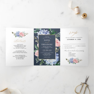 Anuncio Tríptico Hortensias pastel azul polvoriento rosa Boda