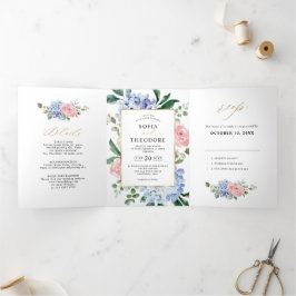 Anuncio Tríptico Hortensias pastel azul polvoriento rosa Boda
