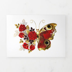 Anuncio Tríptico Mariposa de flor roja con rosas rojas