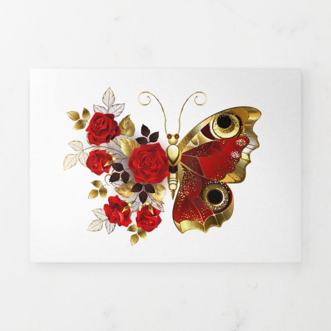Anuncio Tríptico Mariposa de flor roja con rosas rojas (Foto de portada)