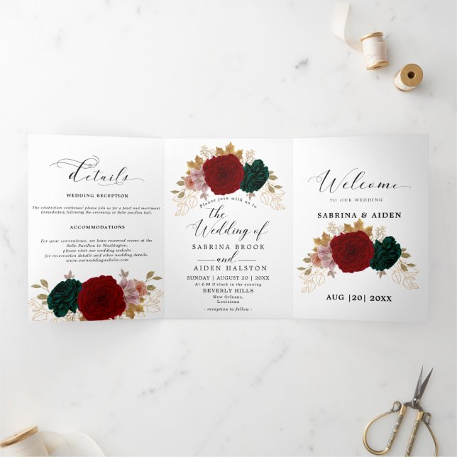 Anuncio Tríptico Oro otoñal Burgundy Emerald Greeny Floral (Interior)