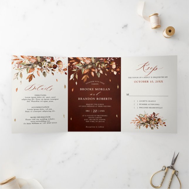 Anuncio Tríptico Otoño deja al país ruso Boho Boda (Interior)