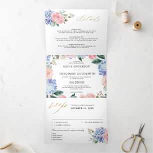 Anuncio Tríptico Pastel azul turbio Hidráneas rosadas Boda Tri-Fold
