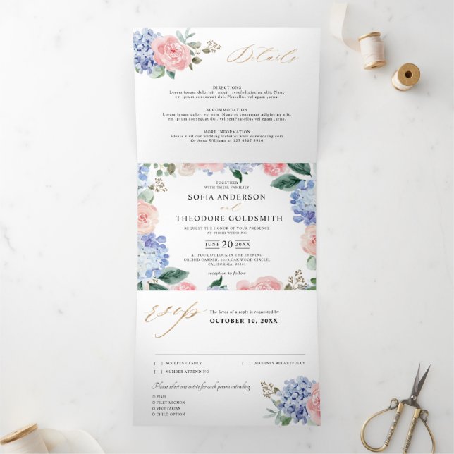 Anuncio Tríptico Pastel azul turbio Hidráneas rosadas Boda Tri-Fold (Interior)