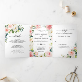 Anuncio Tríptico Pastel Rosado Hermoso Floral Botánico Boda