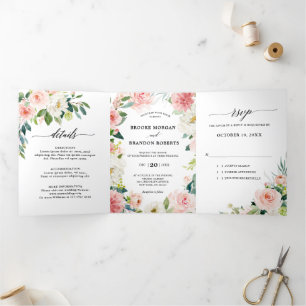 Anuncio Tríptico Pastel Rosado Hermoso Floral Botánico Boda