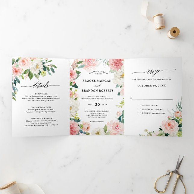 Anuncio Tríptico Pastel Rosado Hermoso Floral Botánico Boda (Interior)