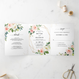Anuncio Tríptico Pastel Rosado Hermoso Rosado Floral Botánico Boda