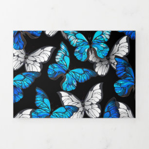 Anuncio Tríptico Patrón continuo oscuro con mariposas azules Morpho