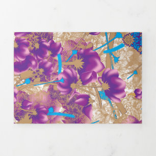 Anuncio Tríptico Patrón floral vibrante con color púrpura y azul de