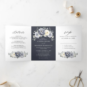 Anuncio Tríptico Plata Gris Marfil Floral Invierno Rústico Boda Tri