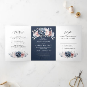 Anuncio Tríptico Rosa Mauve Azul Polvoriento Pizarra Floral Boda  T
