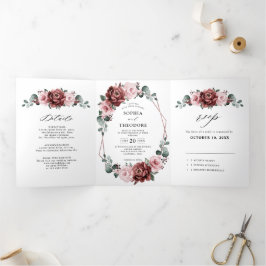 Anuncio Tríptico Rosa Mauve Floral Geométrico Boda