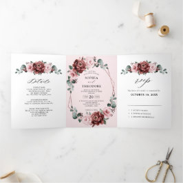 Anuncio Tríptico Rosa Mauve Floral Geométrico Boda Tr
