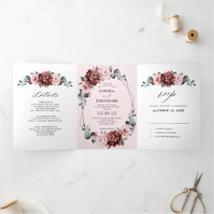 Anuncio Tríptico Rosa Mauve Floral Geométrico Boda Tr