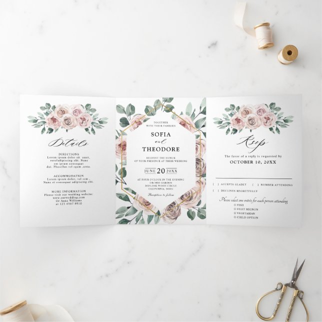 Anuncio Tríptico Rosa Polvoriento Malva Floral Geométrico Boda  (Interior)