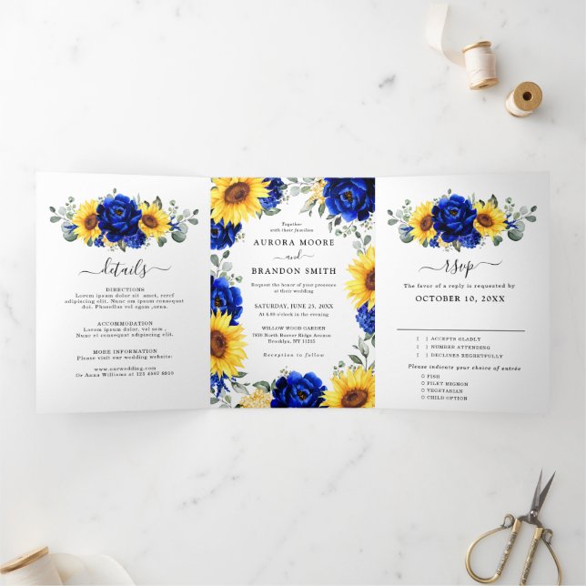 Anuncio Tríptico Royal Blue Rustic Sunflower Moderno Boda Floral (Interior)