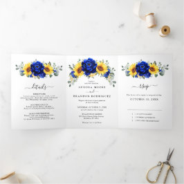 Anuncio Tríptico Royal Blue Rustic Sunflower Moderno Boda Floral