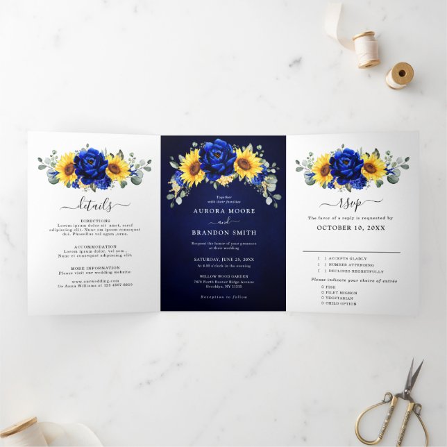 Anuncio Tríptico Royal Blue Rustic Sunflower Moderno Boda Floral (Interior)