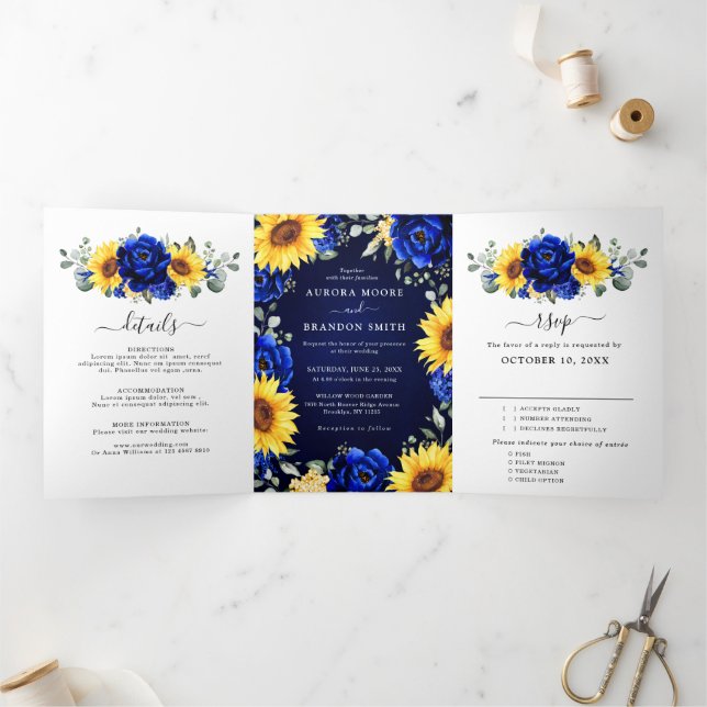 Anuncio Tríptico Royal Blue Rustic Sunflower Moderno Boda Floral (Interior)